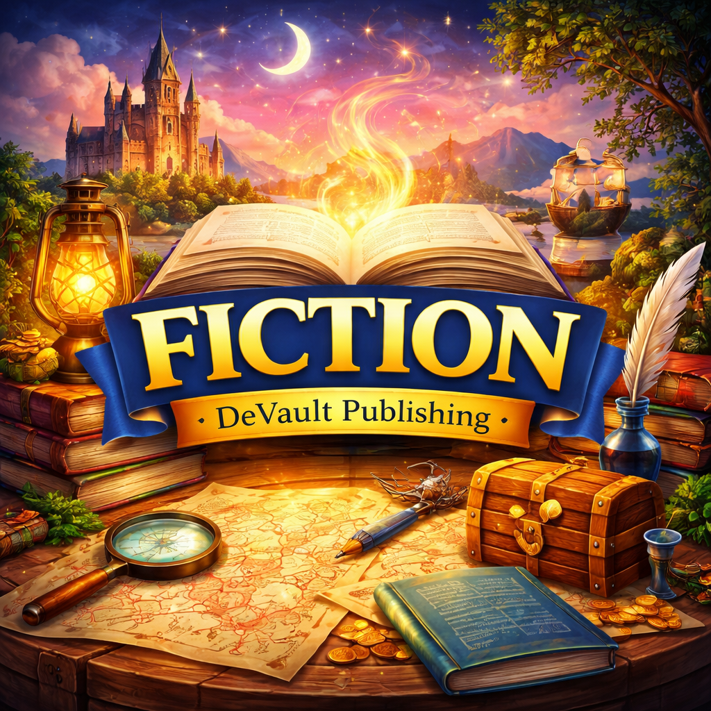 Fiction category banner with open glowing book, castle, treasure chest, and adventure elements, DeVault Publishing brand image