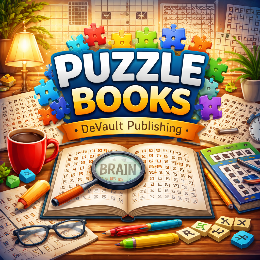 Puzzle books with word search, crossword, and brain games, DeVault Publishing category banner for mental fitness and fun