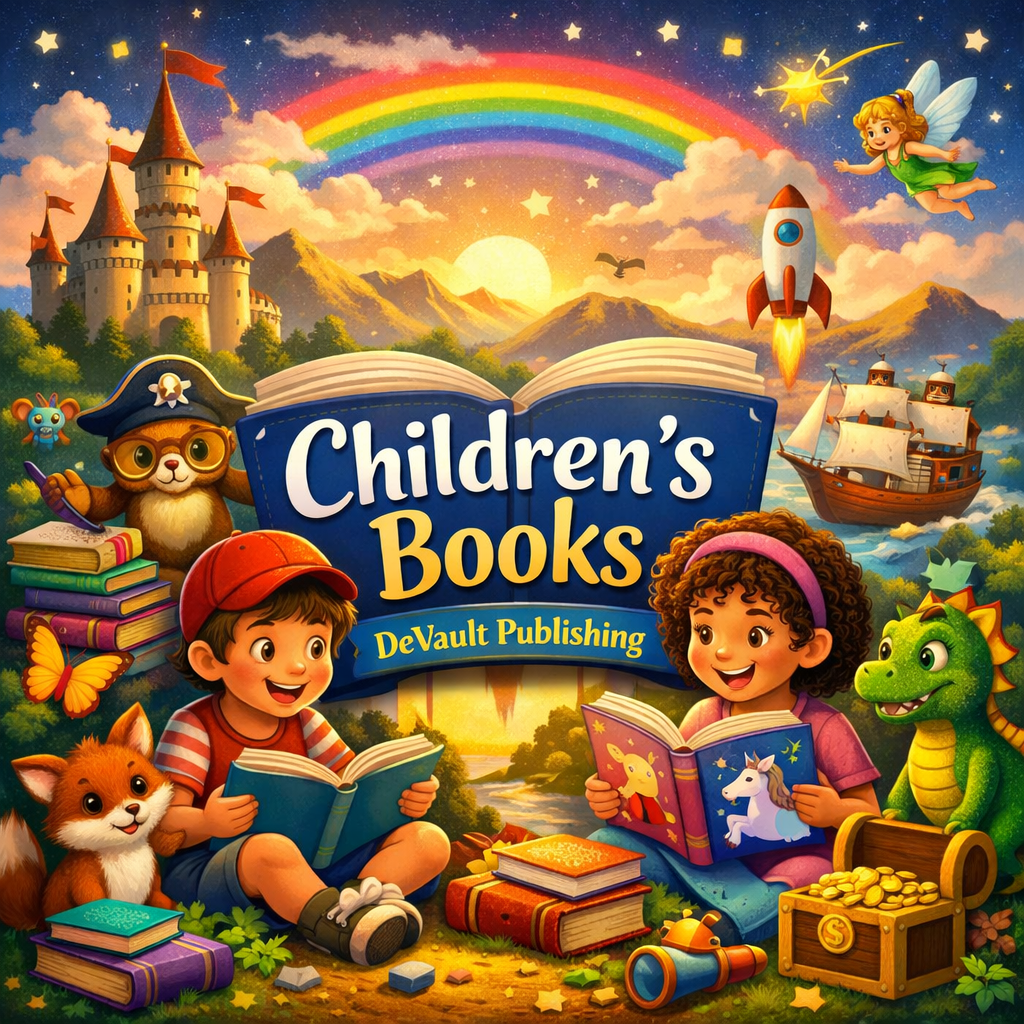 Children reading colorful books with fantasy elements, DeVault Publishing children's books category banner image