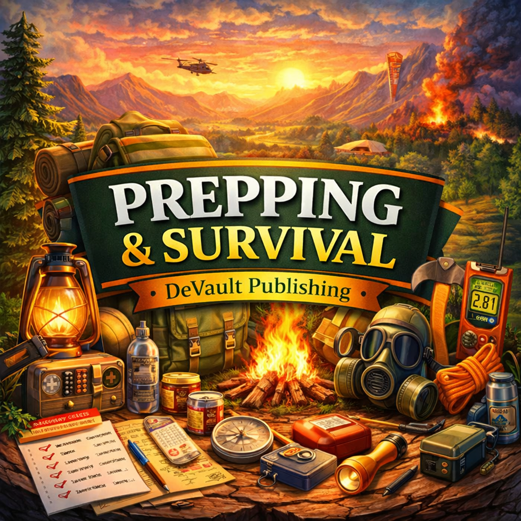 Prepping and survival gear with backpack, campfire, radio, gas mask, and emergency tools, DeVault Publishing category banner