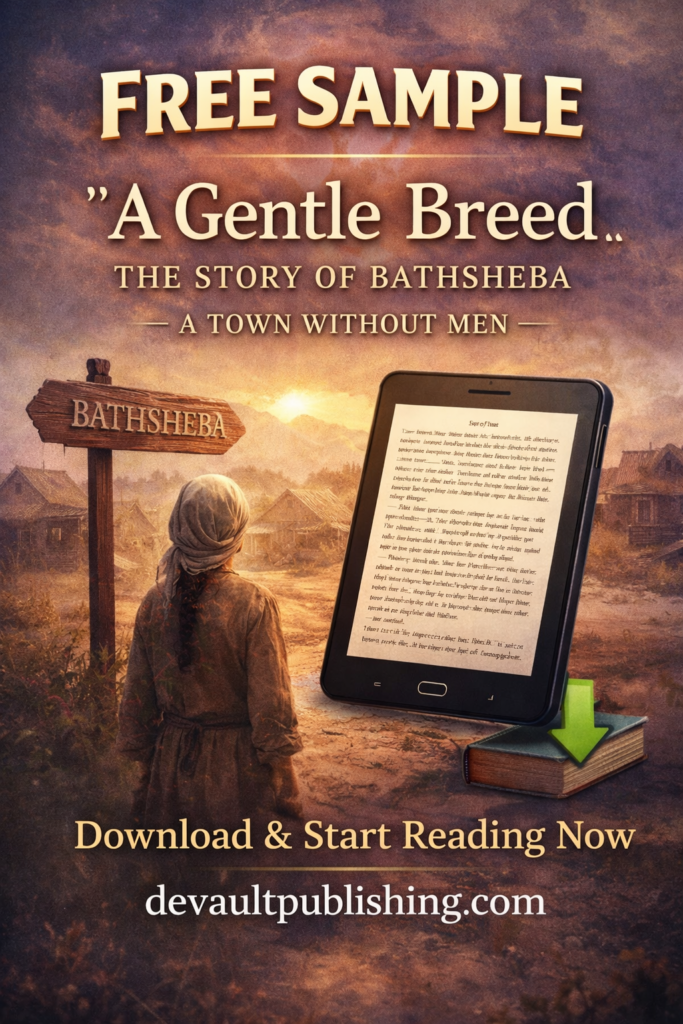 Free sample promo for A Gentle Breed showing Bathsheba in a rural town with ebook preview and DeVault Publishing branding