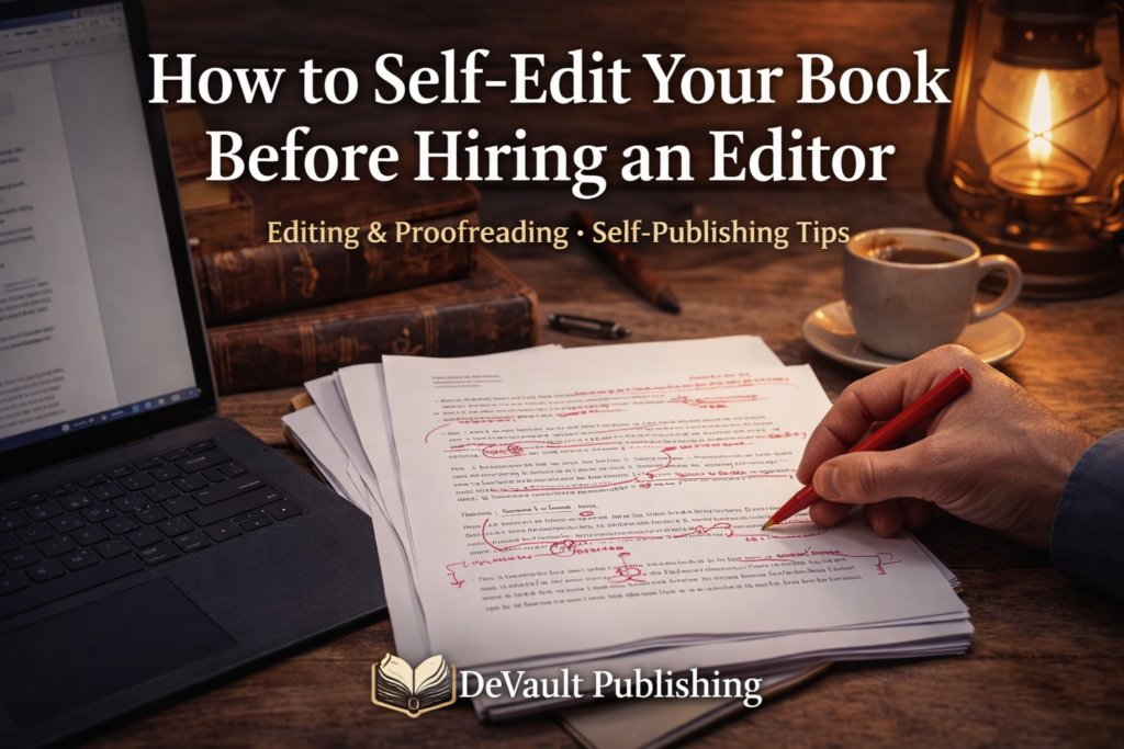 Desk setup showing a laptop, edited manuscript pages with red marks, and a hand holding a red pencil next to a coffee cup; title: 'How to Self-Edit Your Book Before Hiring an Editor'.