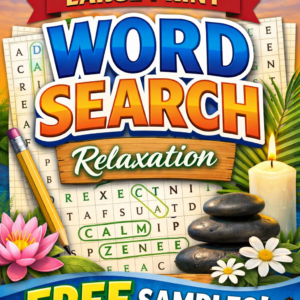 DeVault large print word search relaxation free samples with calming candle, stones, lotus flower, and puzzle grid design