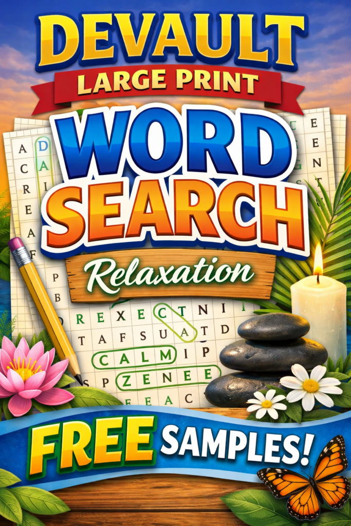 DeVault large print word search relaxation free samples with calming candle, stones, lotus flower, and puzzle grid design