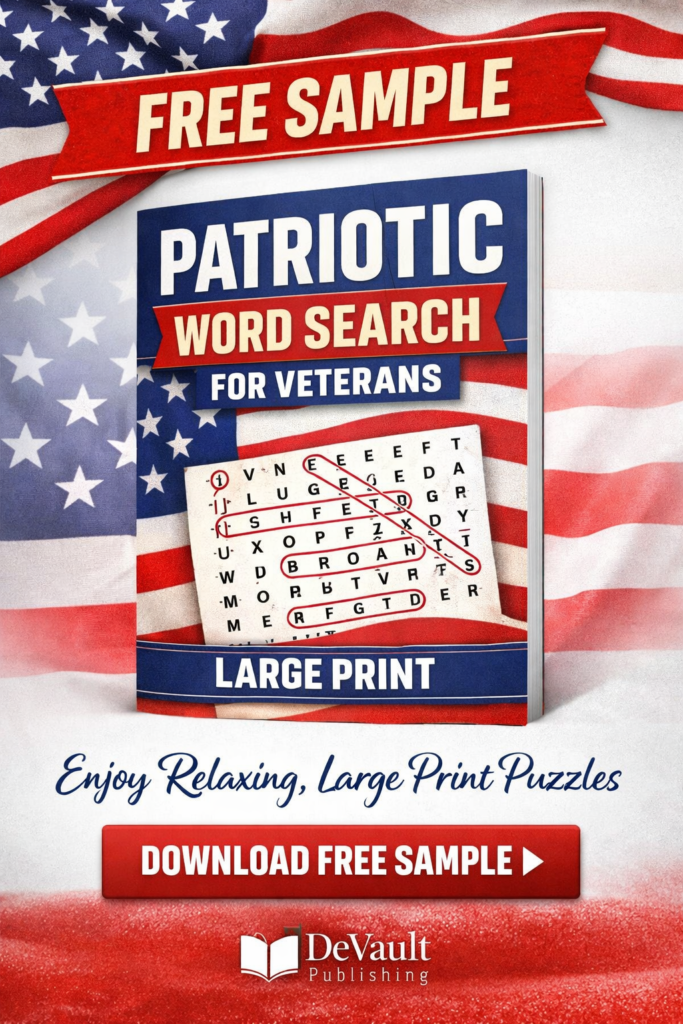Patriotic_free_samples_word_search - DeVault Publishing Patriotic word search for veterans free sample large print puzzle book with American flag Pinterest graphic
