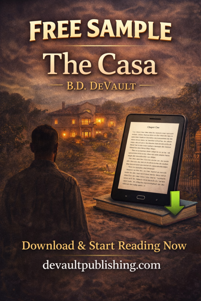 Free sample of The Casa by B.D. DeVault featuring villa scene, ebook preview, and DeVault Publishing download call to action
