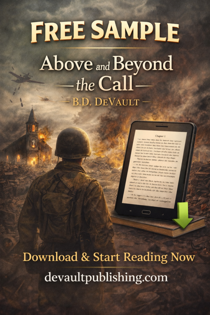 Free sample of Above and Beyond the Call by B.D. DeVault with soldier, war scene, ebook preview, and DeVault Publishing download CTA