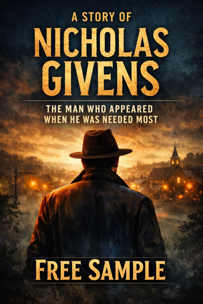Free sample thumbnail for A Story of Nicholas Givens featuring a mysterious man in a fedora overlooking a glowing town at dusk, dramatic cinematic lighting.