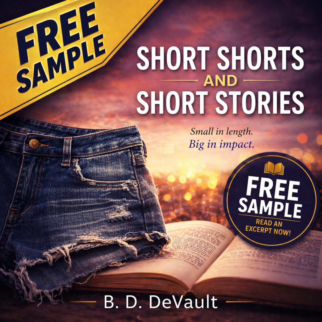 free_sample_short_shorts - DeVault Publishing Free sample thumbnail for Short Shorts and Short Stories by B. D. DeVault with sunset background, denim shorts, and open book